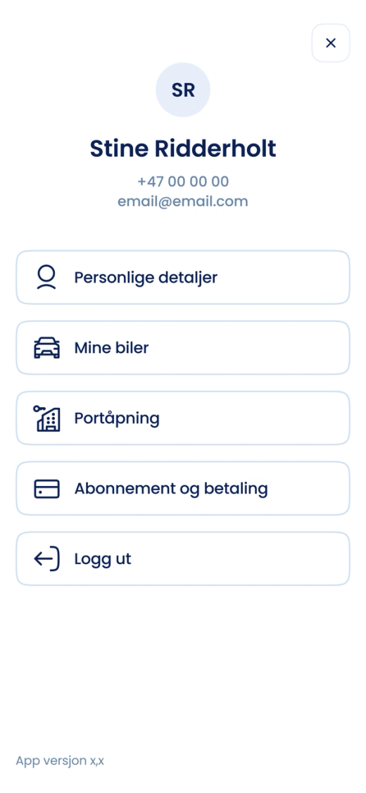 Profilmenyn i Parqio-appen på norska med «Personlige detaljer», «Mine biler», «Portåpning», «Abonnement og betaling» och «Logg ut»