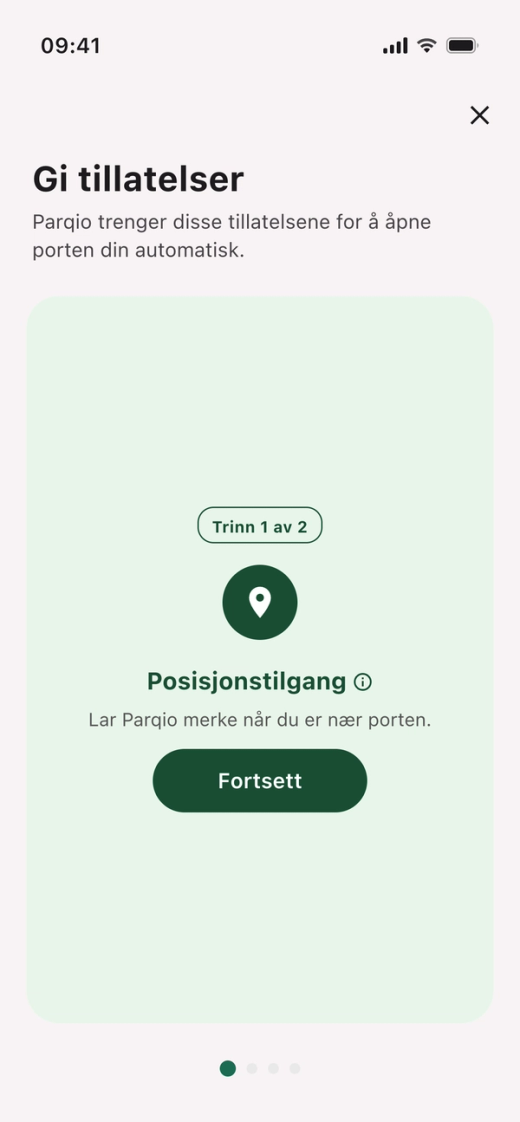 Kortet «Posisjonstilgang» med merket «Trinn 1 av 2» og knappen «Fortsett»