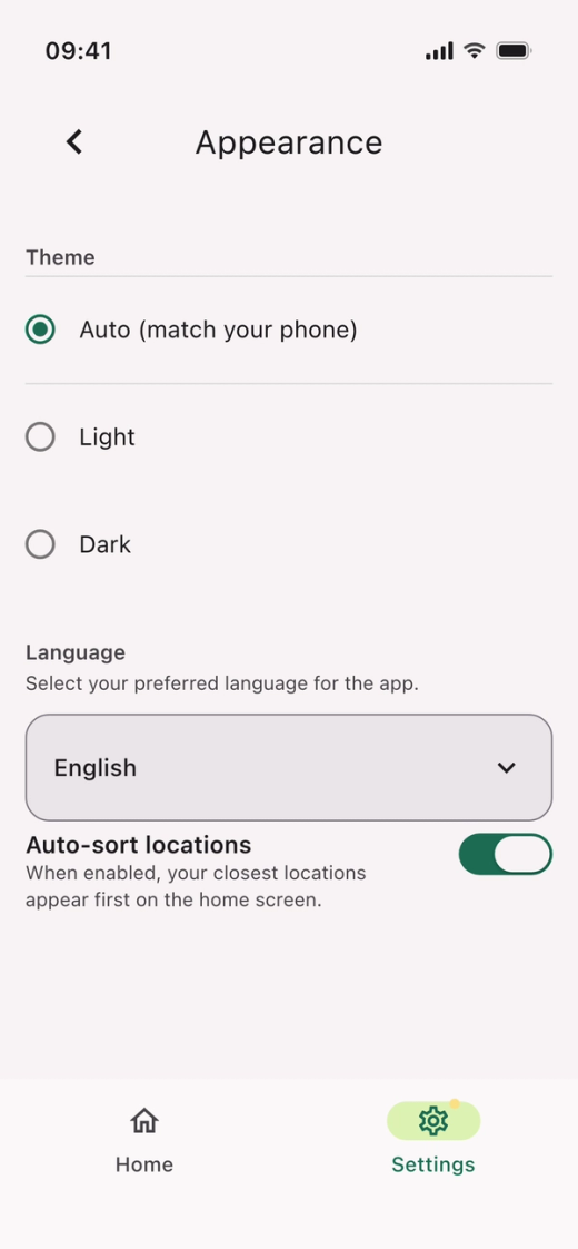 The “Appearance” screen with Theme (Auto, Light, Dark), the language “English” and the “Auto-sort locations” switch