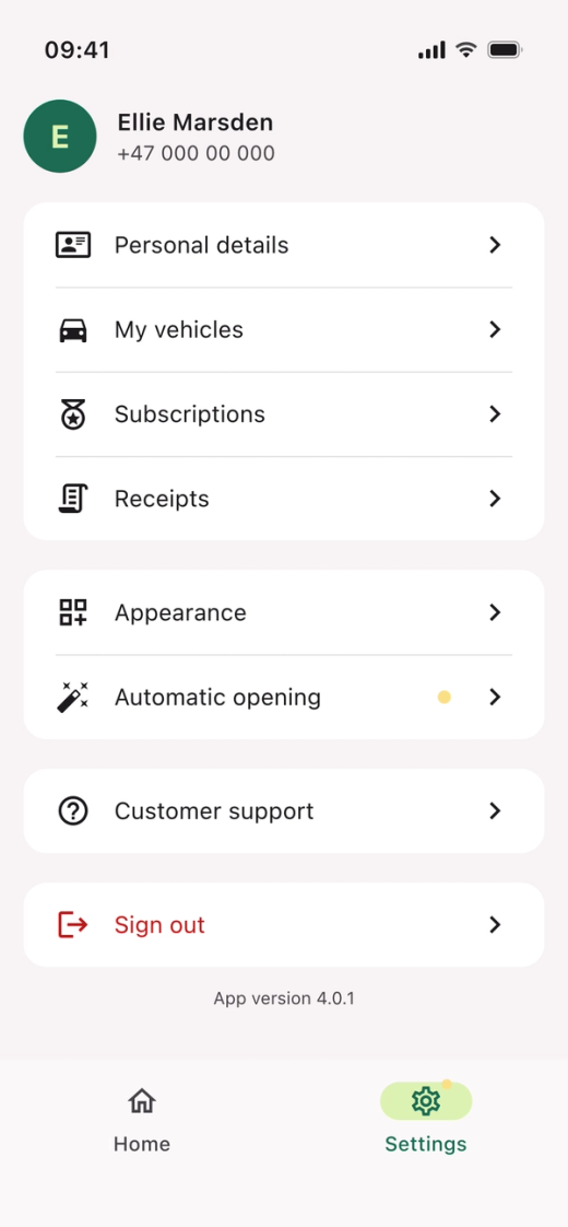 Settings in the Parqio app, with your name and phone number at the top and “Personal details” as the first row