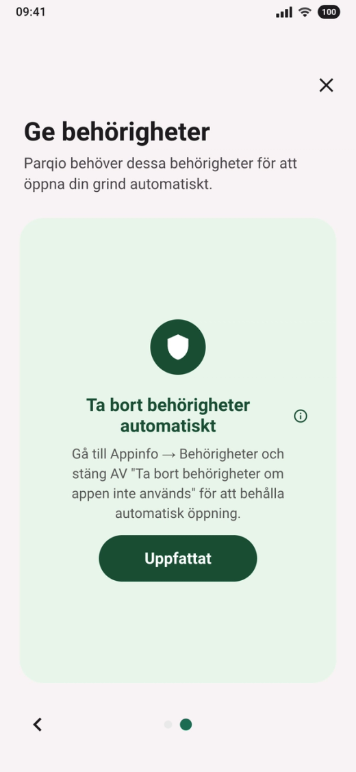 Kortet ”Ta bort behörigheter automatiskt” med knappen ”Uppfattat”