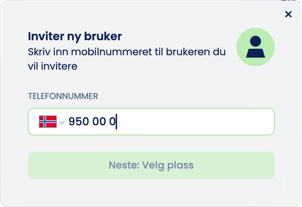 Norska fönstret «Inviter ny bruker» med fältet «Telefonnummer» och knappen «Neste: Velg plass»
