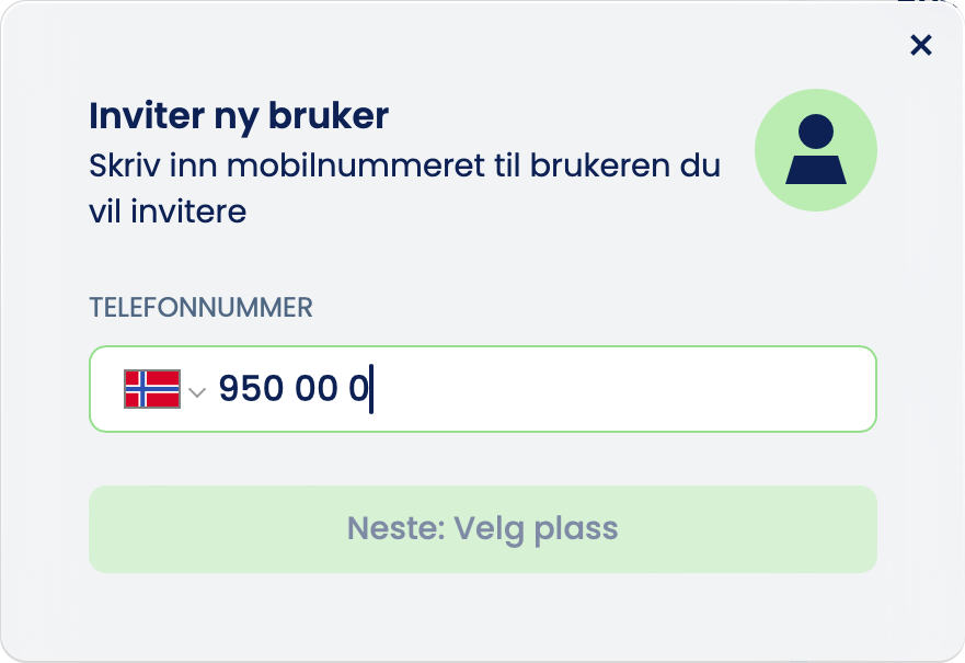 Norska fönstret «Inviter ny bruker» med fältet «Telefonnummer» och knappen «Neste: Velg plass»