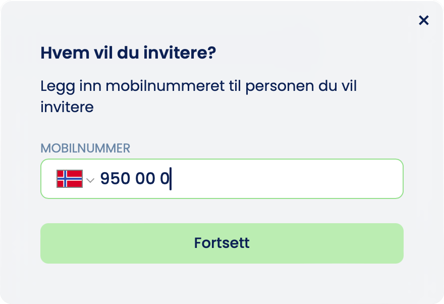 Arket «Hvem vil du invitere?» med feltet «Mobilnummer» og knappen «Fortsett»