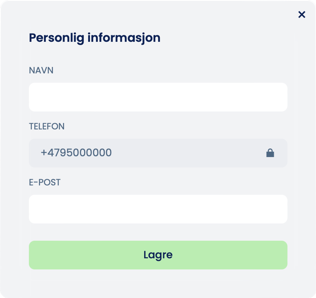 Arket «Personlig informasjon» med feltene «Navn», «Telefon» (låst) og «E-post» og knappen «Lagre»
