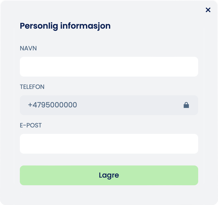Arket «Personlig informasjon» med feltene «Navn», «Telefon» (låst) og «E-post» og knappen «Lagre»