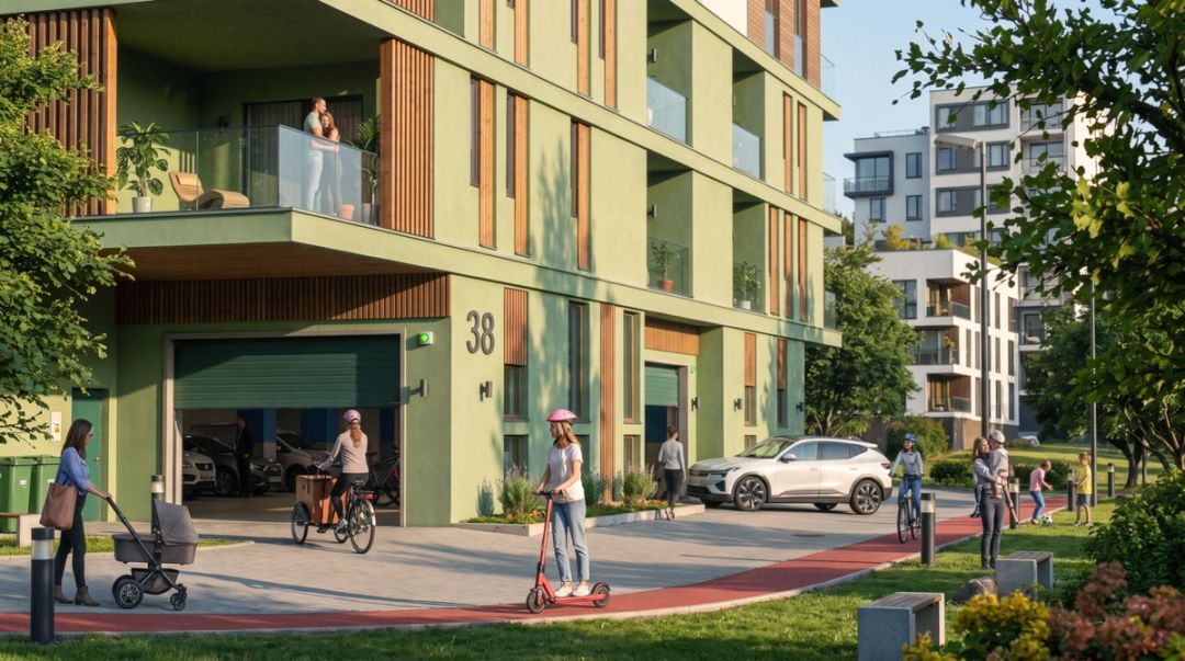 Rendered residential apartment building numbered 38 with an open garage entrance, people walking, cycling, and riding a scooter on a sunny day.