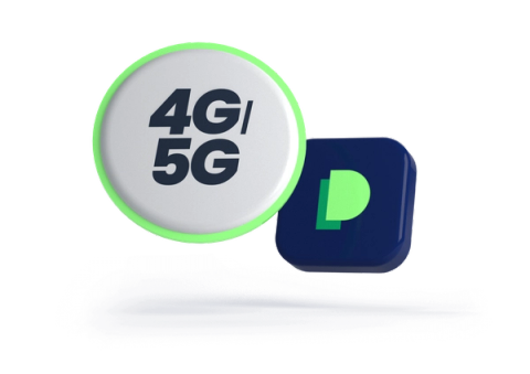 3D rendered illustration of a white circular badge with a green glow showing '4G/5G' text beside the Parqio app icon on a dark background.