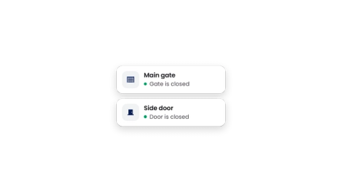 Two white status cards over a photo of a residential building at dusk: Main gate and Side door, both with a green dot reading “Gate is closed” / “Door is closed”.