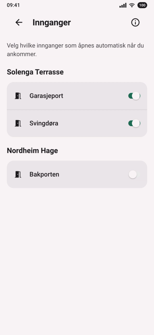 Innganger i Parqio-appen på Android: en bryter ved hver inngang. Når bryteren er slått på, er automatisk åpning på for den inngangen.