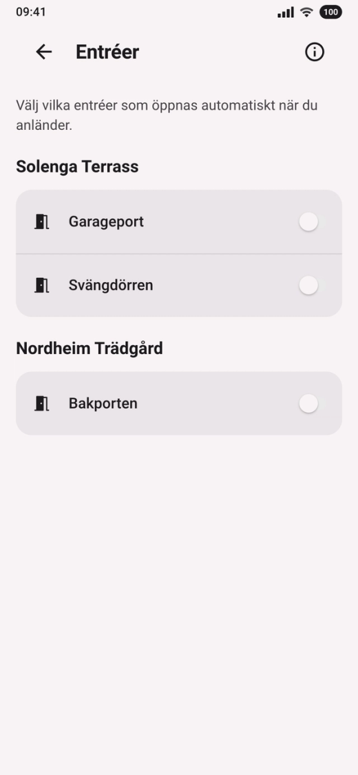 Entréer i Parqio-appen på Android med ett reglage för varje entré, alla avslagna
