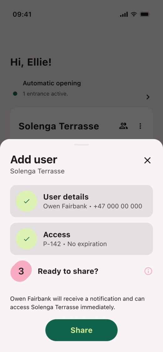 The last step “Ready to share?” in “Add user” with the user details, “No expiration” under “Access” and the “Share” button