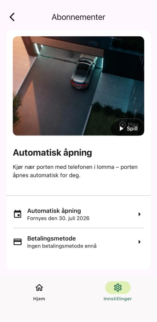 Skjermen «Abonnementer» med Automatisk åpning, fornyelse 30. juli 2026, og raden «Betalingsmetode» uten betalingsmetode