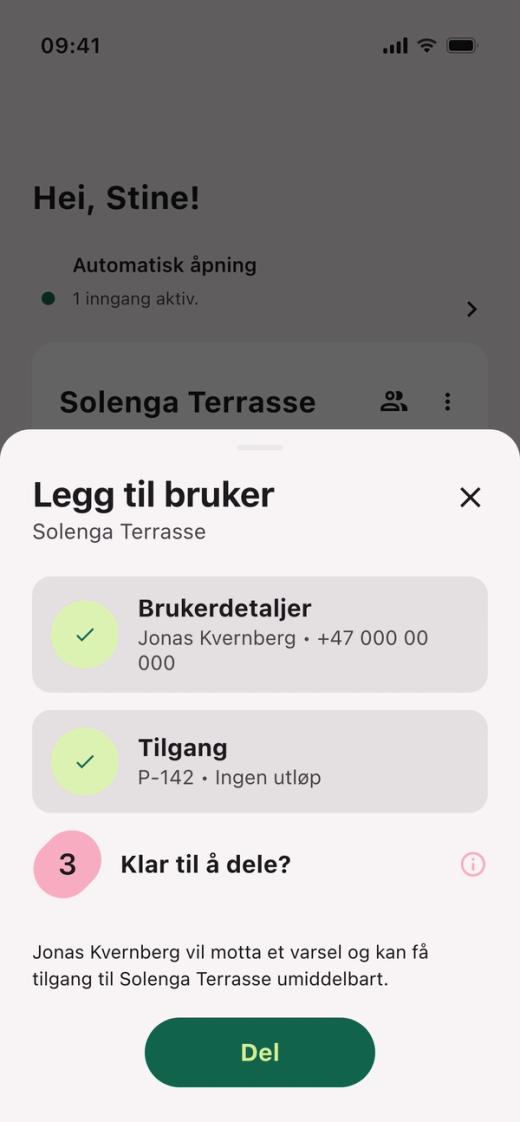 Siste trinn «Klar til å dele?» i «Legg til bruker» med brukerdetaljene, tilgangen «Ingen utløp» og knappen «Del»