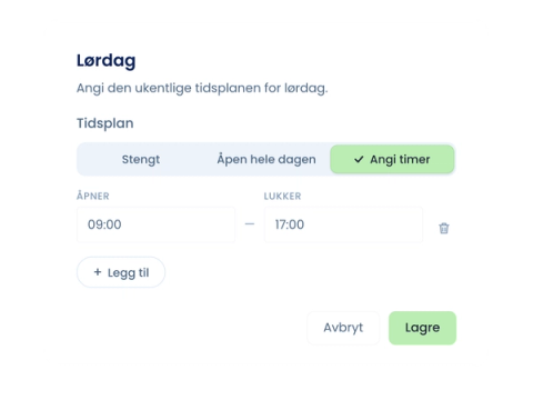 Parqio Admin: dialogen for å sette åpningstider for lørdag, med valgene Stengt, Åpen hele dagen og Angi timer.
