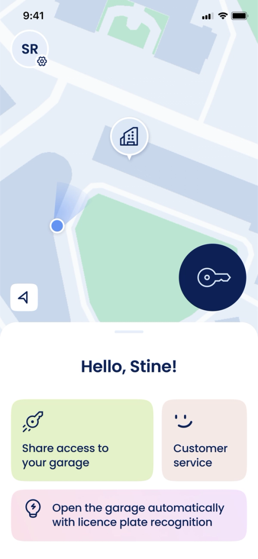 Home in the Parqio app with the greeting «Hello, Stine!» and the shortcuts «Share access to your garage» and «Customer service»