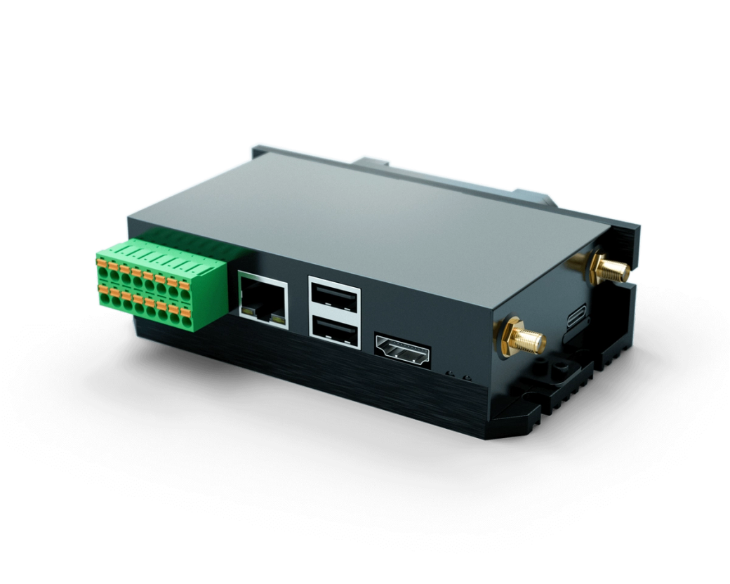 The Parqiobox seen from an angle, with the green terminal block, network port, two USB ports, HDMI and two antenna connectors