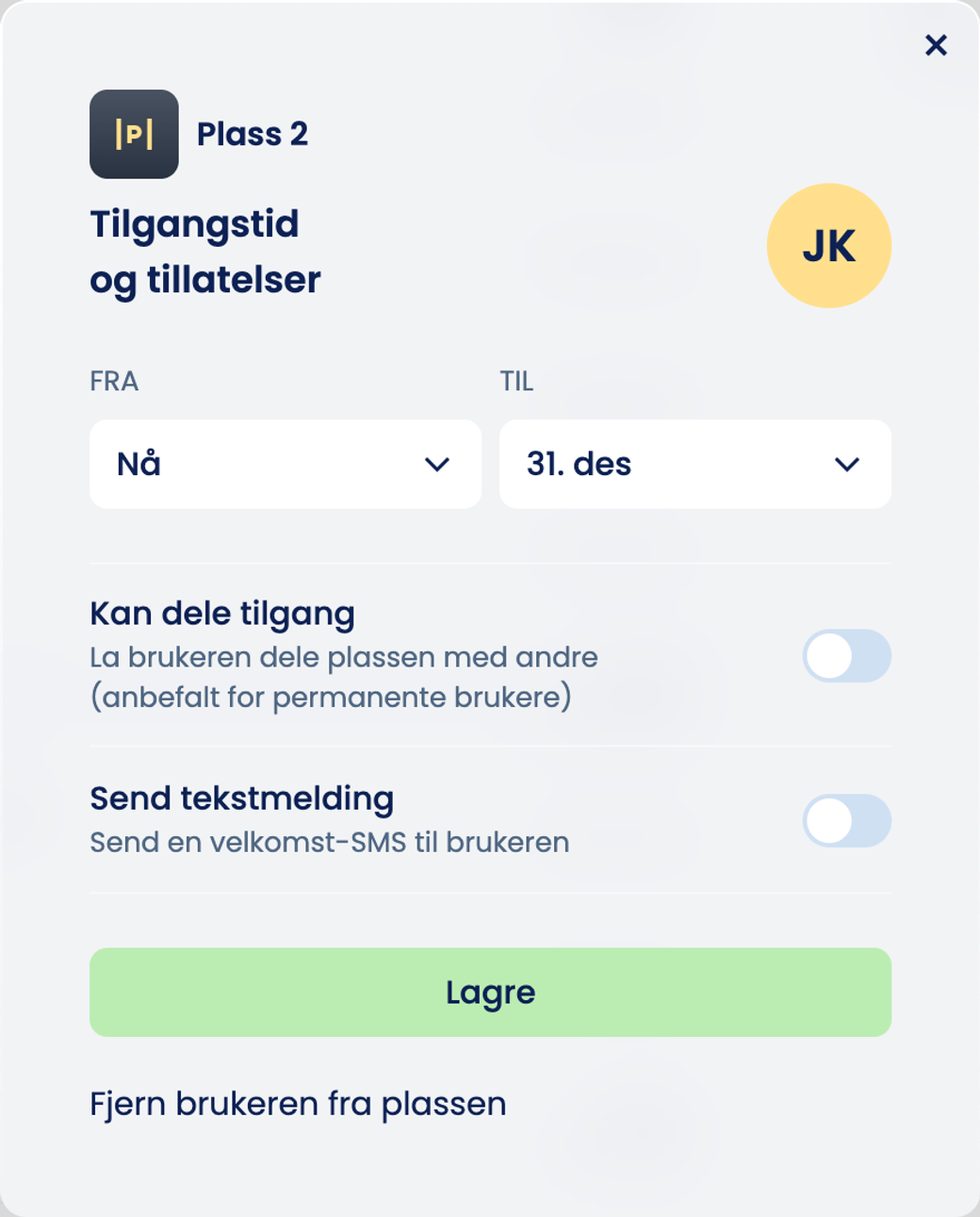 Vinduet «Tilgangstid og tillatelser» for Plass 2, med «Fjern brukeren fra plassen» nederst