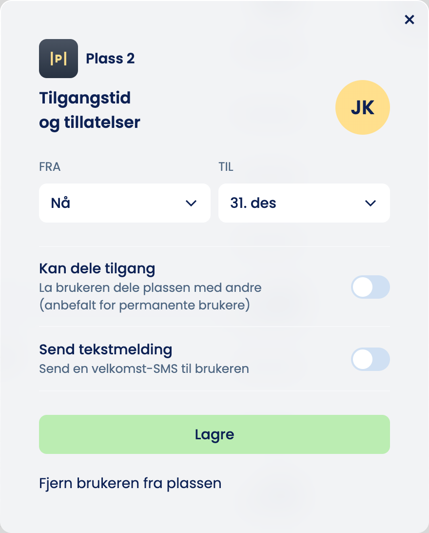 Vinduet «Tilgangstid og tillatelser» for Plass 2, med «Fjern brukeren fra plassen» nederst