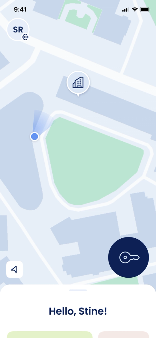 Home in the Parqio app with the greeting «Hello, Stine!» and the key button at the bottom right