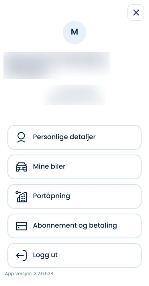 Profilmenyen i Parqio-appen med Personlige detaljer, Mine biler, Portåpning, Abonnement og betaling og Logg ut