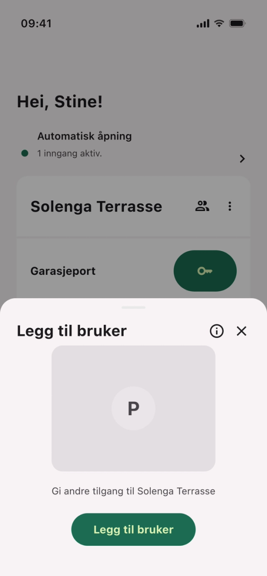 Arket «Legg til bruker» for Solenga Terrasse med teksten «Gi andre tilgang til Solenga Terrasse» og knappen «Legg til bruker»