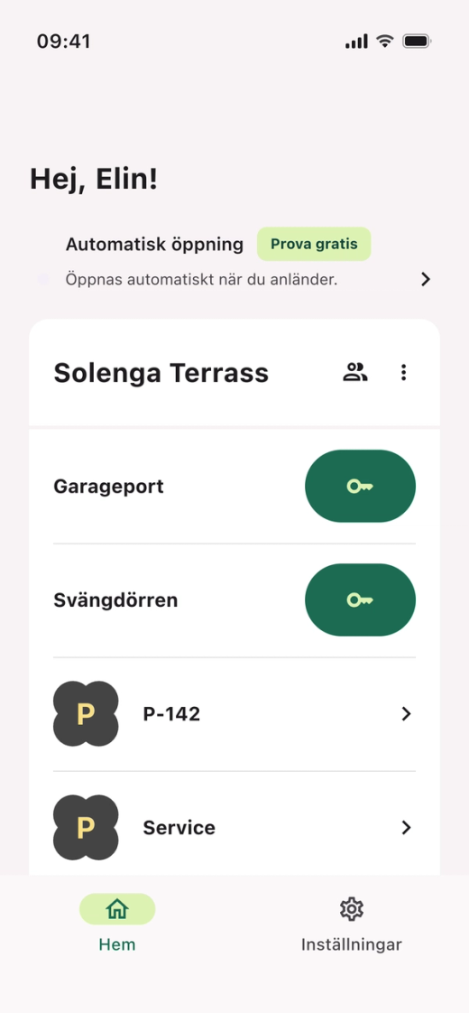 Startsidan i Parqio-appen med raden ”Automatisk öppning” och märket ”Prova gratis” högst upp