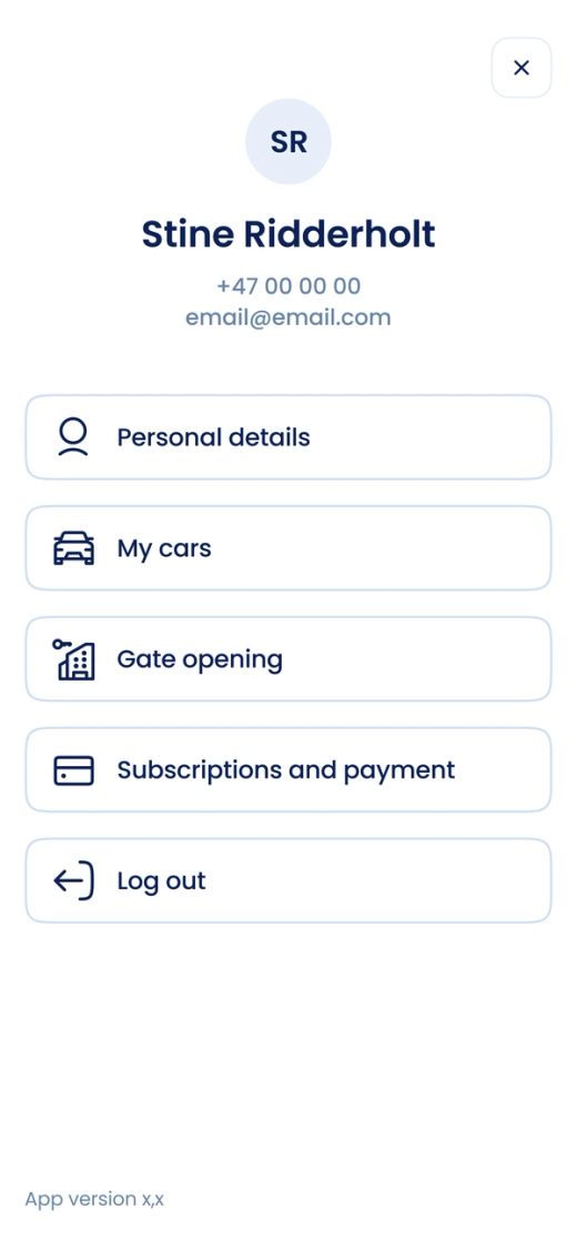 The profile menu with «Personal details», «My cars», «Gate opening», «Subscriptions and payment» and «Log out»