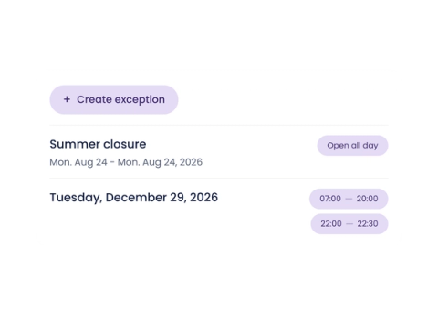 Parqio Admin: the exceptions list with a purple “Create exception” button, a summer closure and a dated entry with two time ranges.