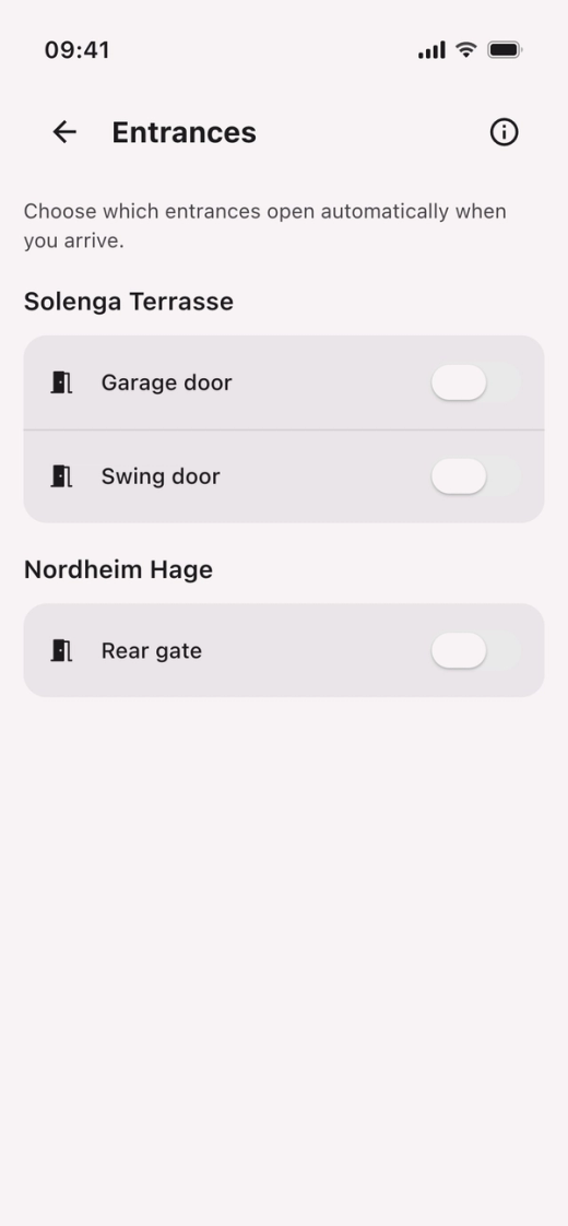 Entrances in the Parqio app with a switch for each entrance, all off