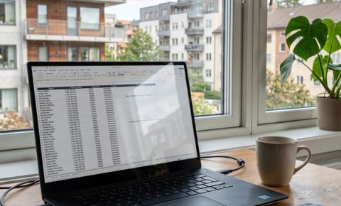 A laptop on a wooden desk displaying a Norwegian-language Excel spreadsheet with resident names, phone numbers, apartment numbers, and access types, with a coffee mug and residential buildings visible through a sunny window in the background.