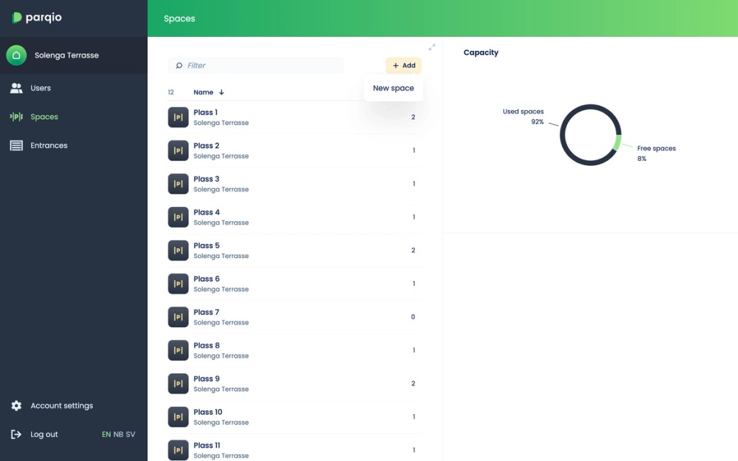 Parqio Admin, the “Spaces” page for Solenga Terrasse with the menu under “+ Add” open, showing the “New space” option