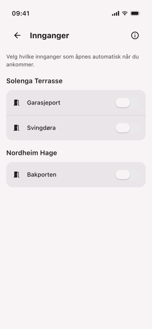 Innganger i Parqio-appen med en bryter ved hver inngang, alle slått av