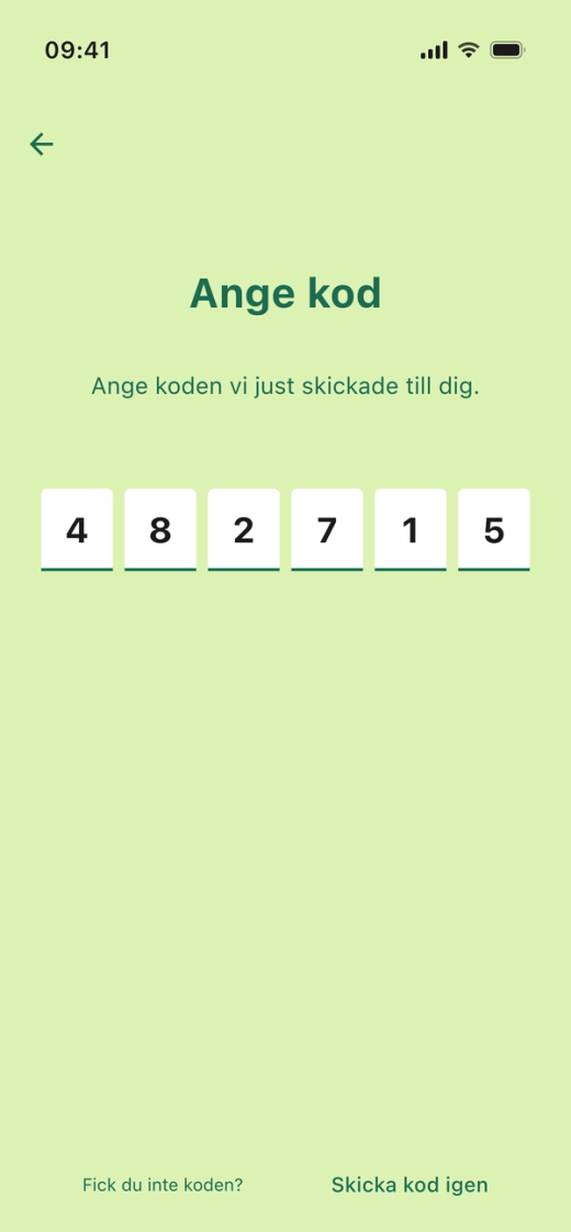 Skärmen ”Ange kod” i Parqio-appen, med sex rutor för koden från SMS:et