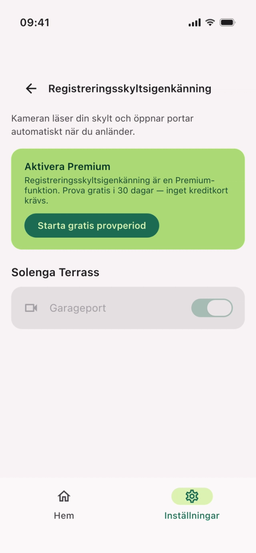 Kortet ”Aktivera Premium” med texten om gratis provperiod och knappen ”Starta gratis provperiod”