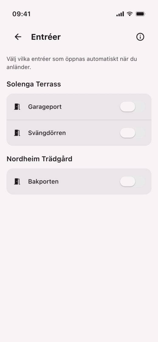 Entréer i Parqio-appen med ett reglage för varje entré, alla avslagna