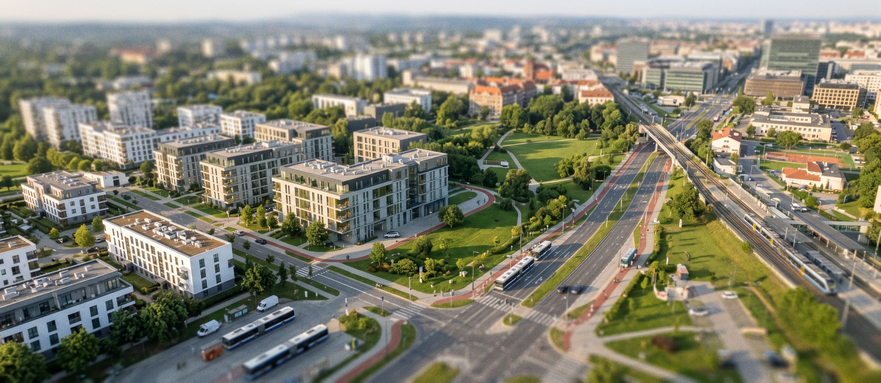 Aerial tilt-shift photograph of a modern residential neighbourhood with multi-storey apartment blocks, green parkland, and a wide multi-lane urban road with buses and cars.