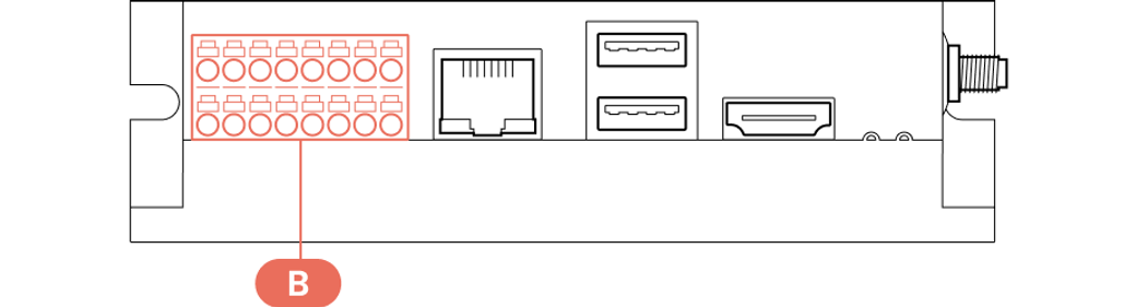 Drawing of the terminal block where E connects terminal 10 (−) and terminal 12 (+)
