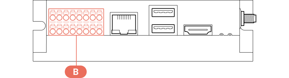Drawing of the terminal block where E connects terminal 10 (−) and terminal 12 (+)