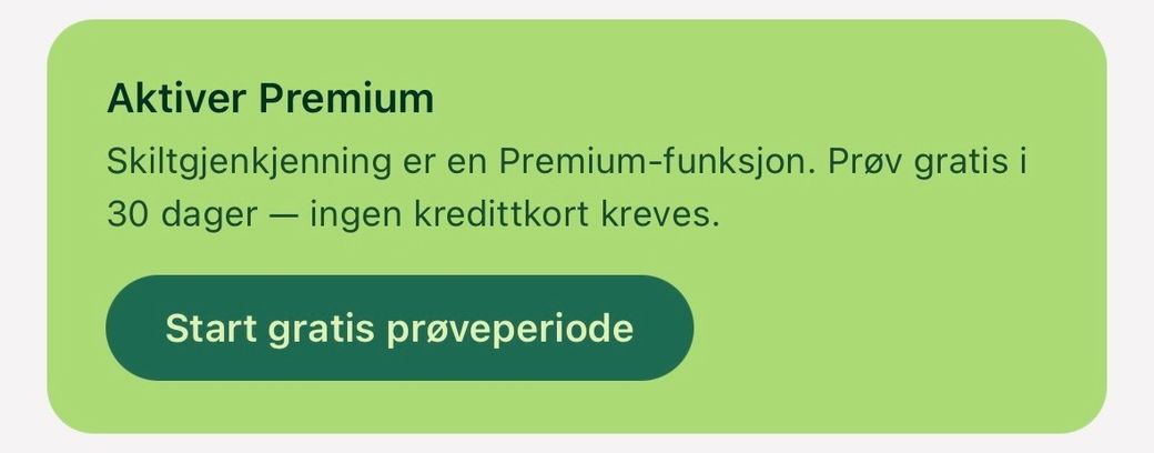 Kortet «Aktiver Premium» med teksten om gratis prøveperiode og knappen «Start gratis prøveperiode»