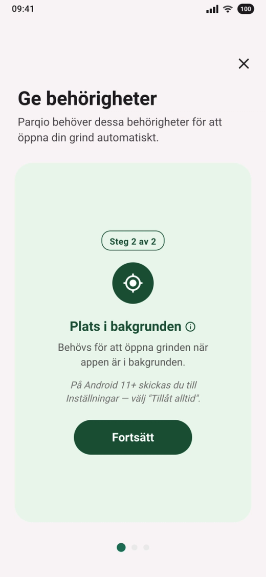 Kortet ”Plats i bakgrunden” med märket ”Steg 2 av 2” och knappen ”Fortsätt”