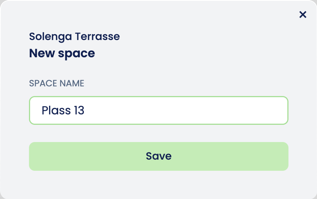 The “New space” window for Solenga Terrasse with “Plass 13” in the “Space name” field and the “Save” button