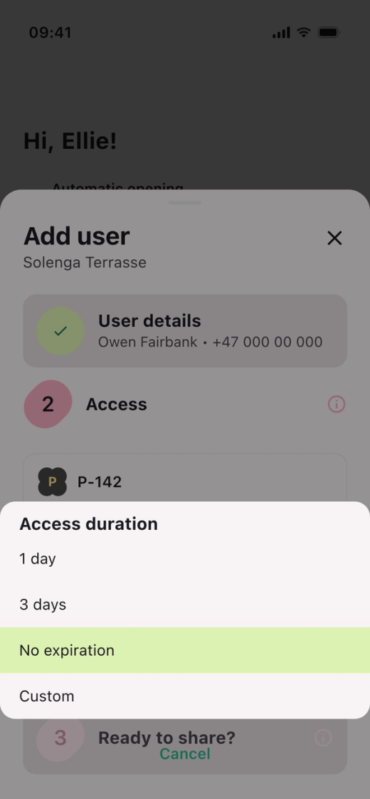 The “Access duration” menu, showing 1 day, 3 days, No expiration and Custom, with “No expiration” selected