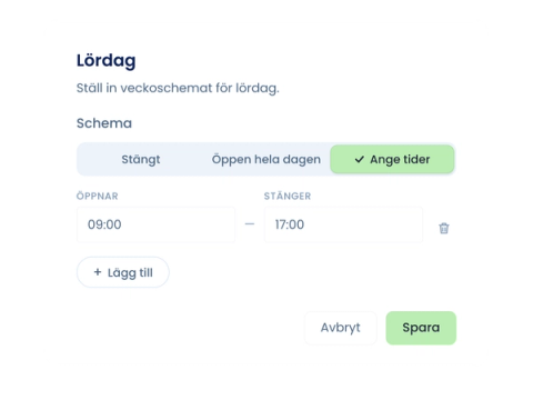Parqio Admin: dialogrutan för att ställa in öppettider för lördag, med valen Stängt, Öppen hela dagen och Ange tider.