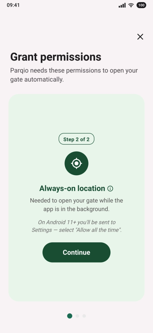 The card “Always-on location” with the label “Step 2 of 2” and the button “Continue”