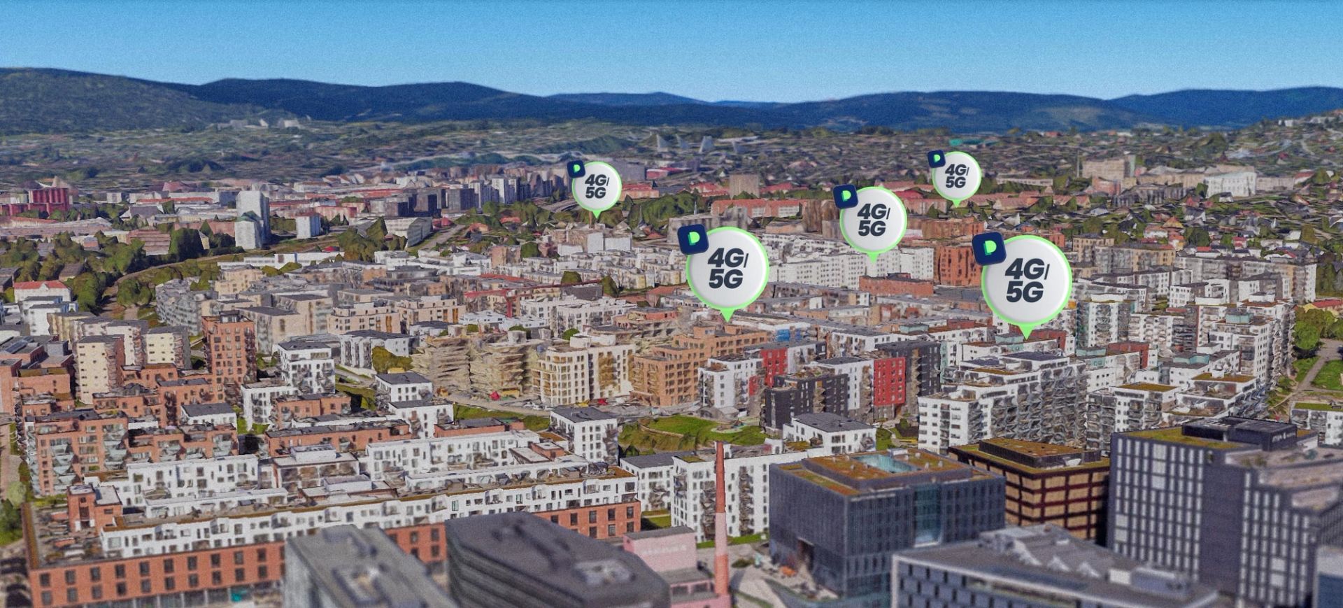 Aerial view of a residential area with garages