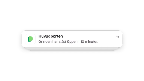 En pushnotis från Parqio: ”Huvudporten — Grinden har stått öppen i 10 minuter.”