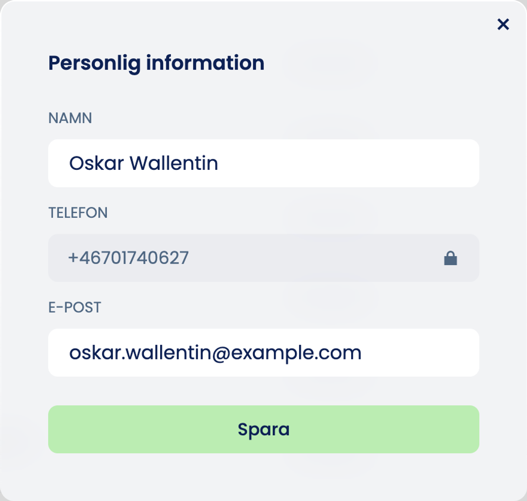 Fönstret ”Personlig information” med fälten ”Namn”, ”Telefon” (låst) och ”E-post” och knappen ”Spara”