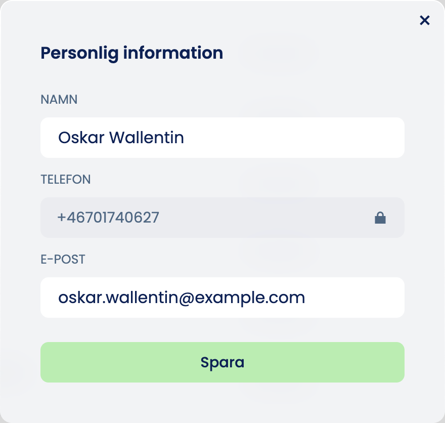 Fönstret ”Personlig information” med fälten ”Namn”, ”Telefon” (låst) och ”E-post” och knappen ”Spara”