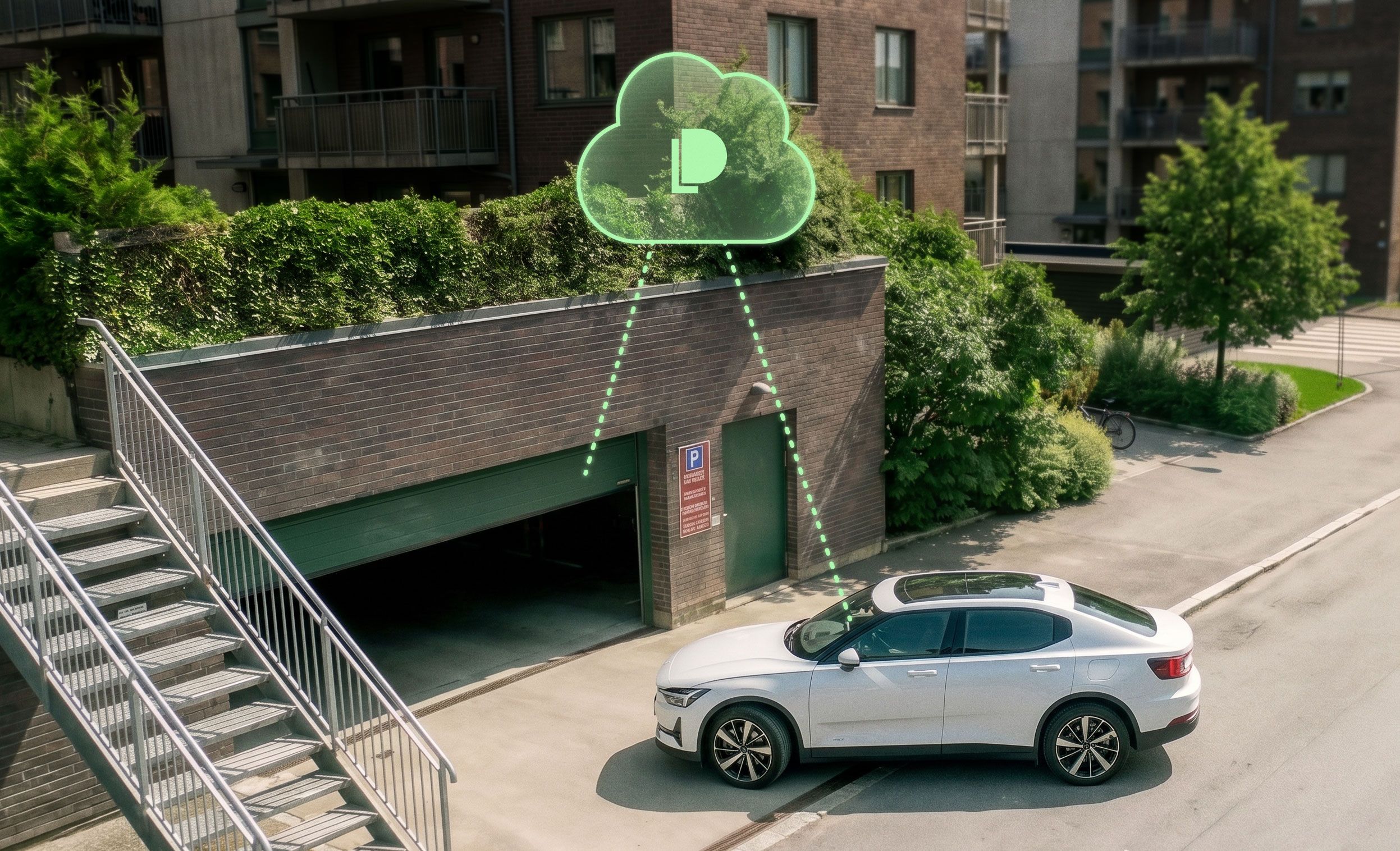 A white electric SUV approaches an underground residential parking garage entrance, with a green Parqio cloud-connectivity graphic overlaid above the access point.